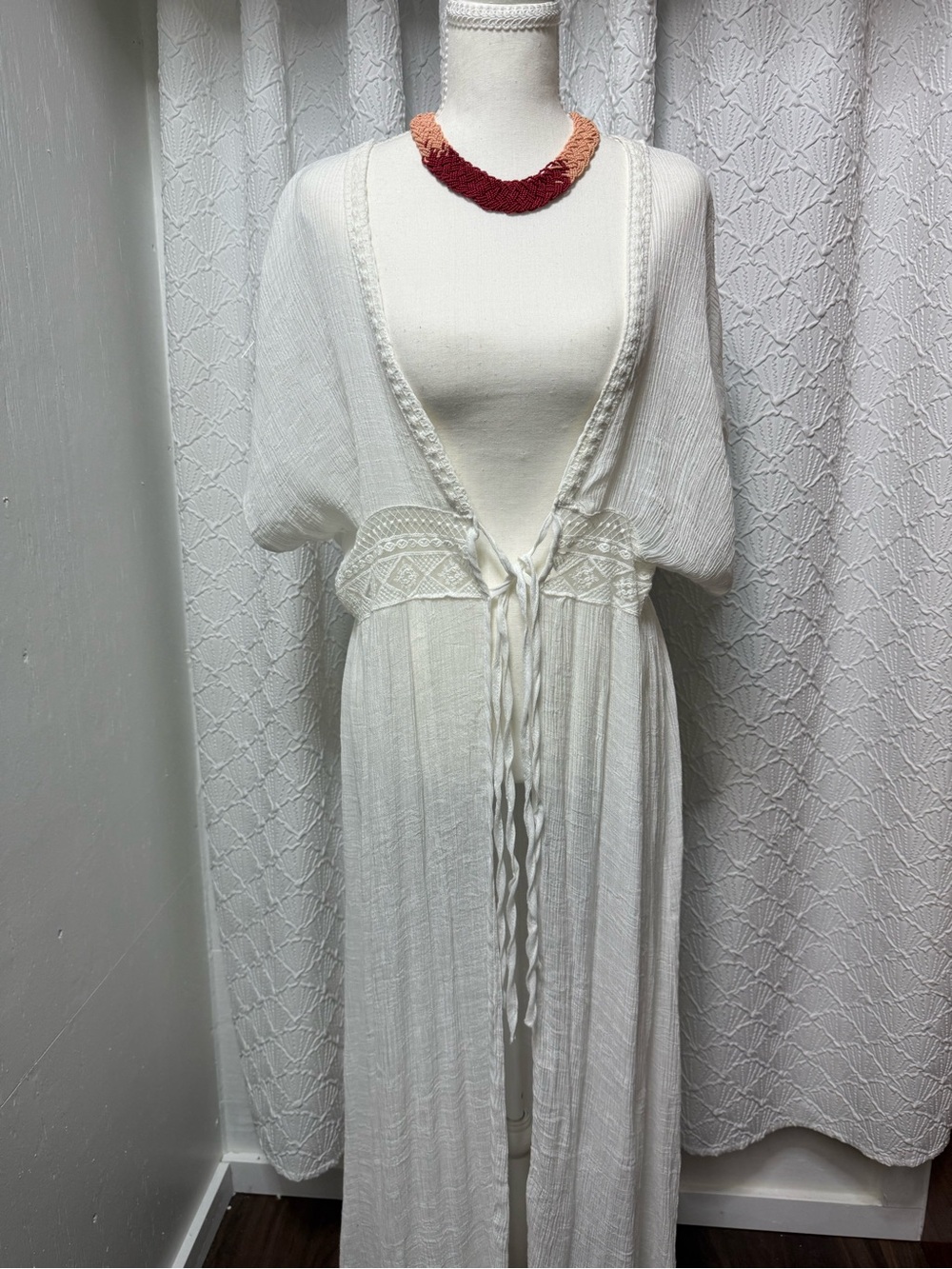 White Crochet-Trim Kimono Maxi Cover-Up
